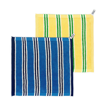 Two striped towels, one blue and white, one yellow and green, on a white background.