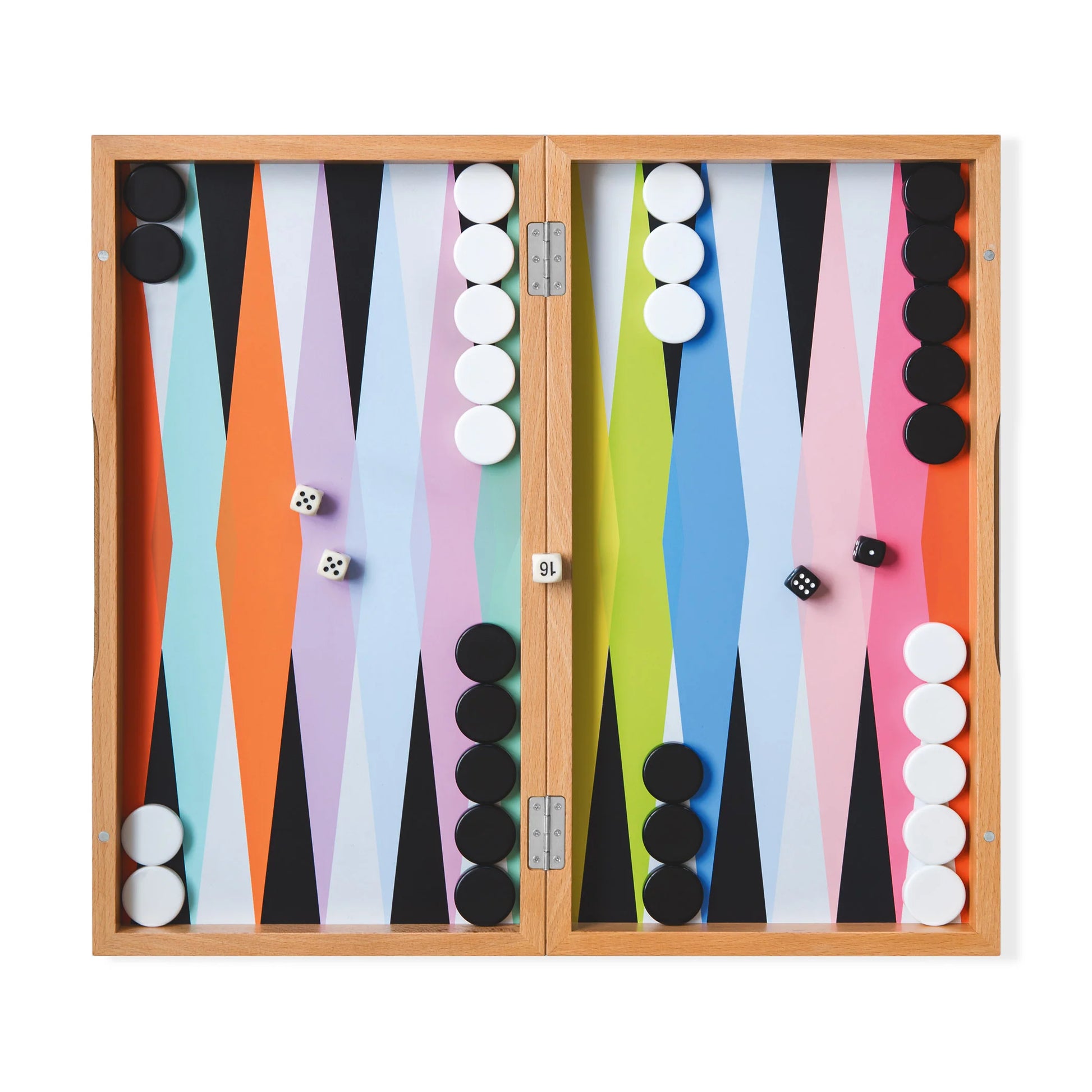 Colorful designed Backgammon set with black and white board game pieces. Games found at Huset Shop in Venice California. Scandinavian Design and joyful pastime and shopping.