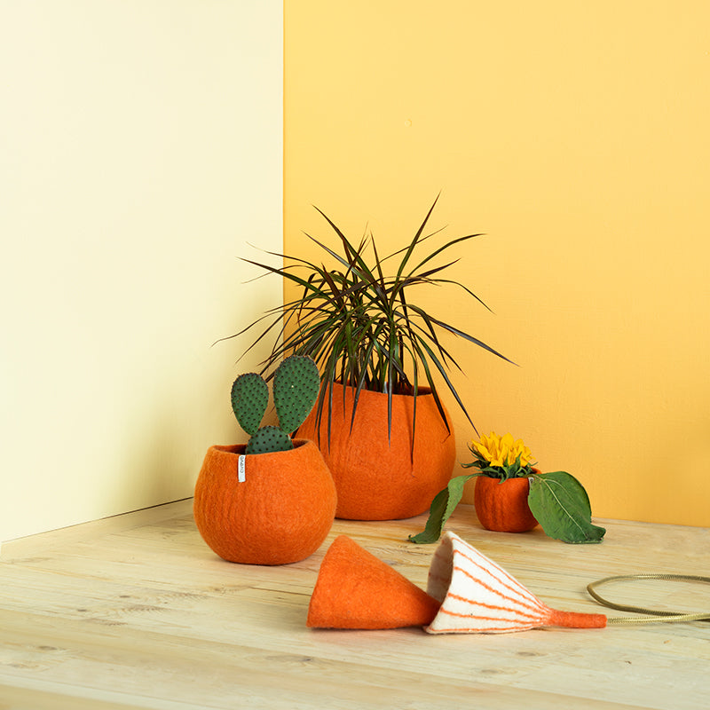 Orange decorative items including plant pots and a small table on a wooden surface with a yellow wall background.