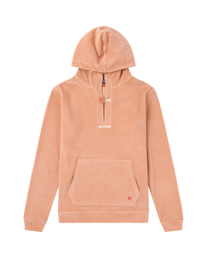 Beige hoodie with a front pocket on a white background