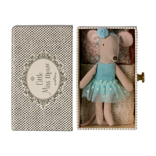Stuffed mouse toy in a decorative box with 'Little Miss Mouse' text. brand new look 2025. Huset modern Scandinavian kids shop 