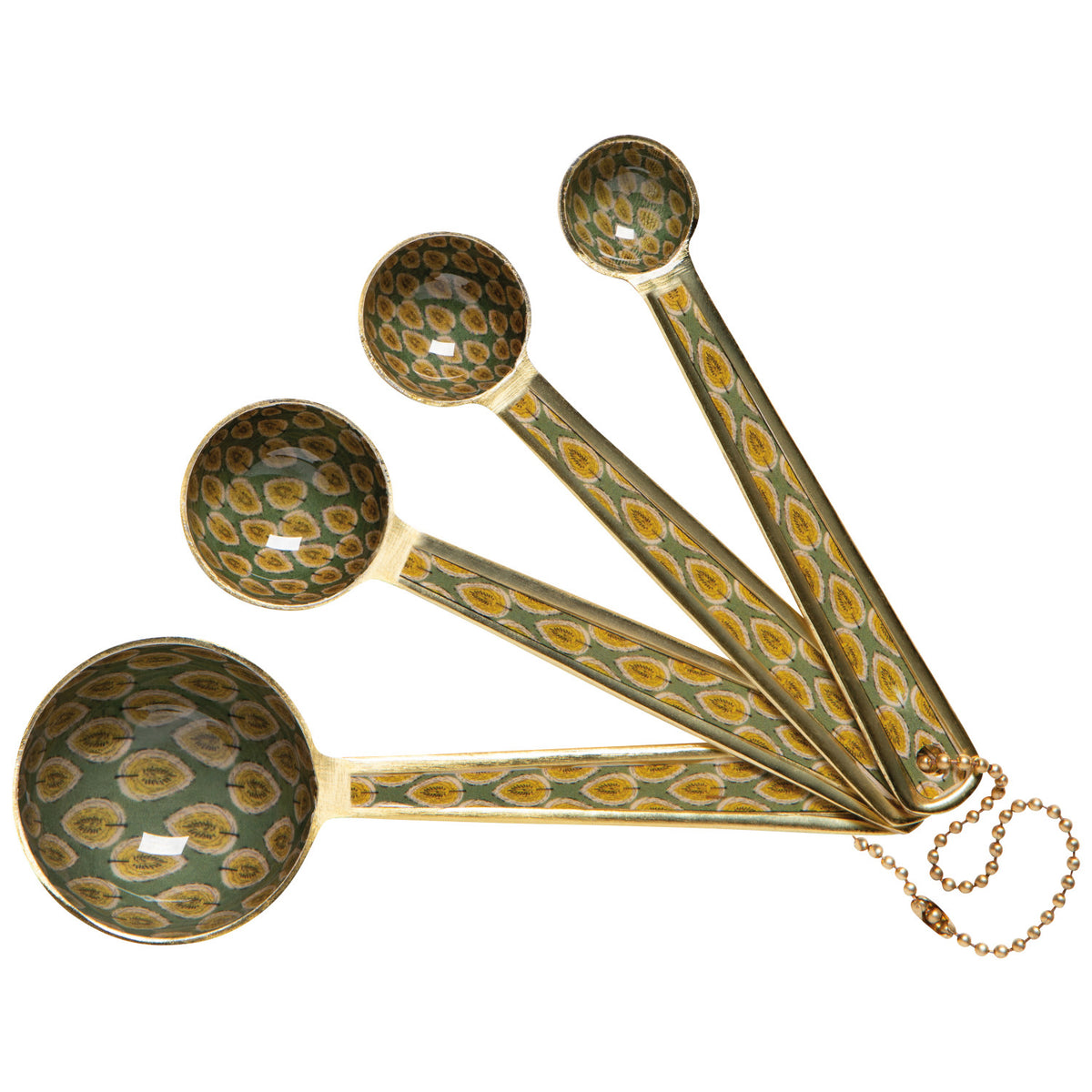 Set of four measuring spoons with green and yellow leaf pattern