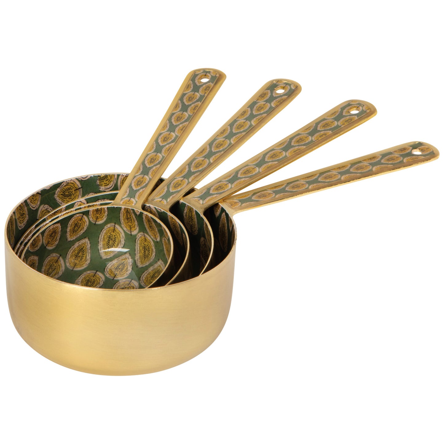 Set of gold measuring cups with patterned handles on a white background