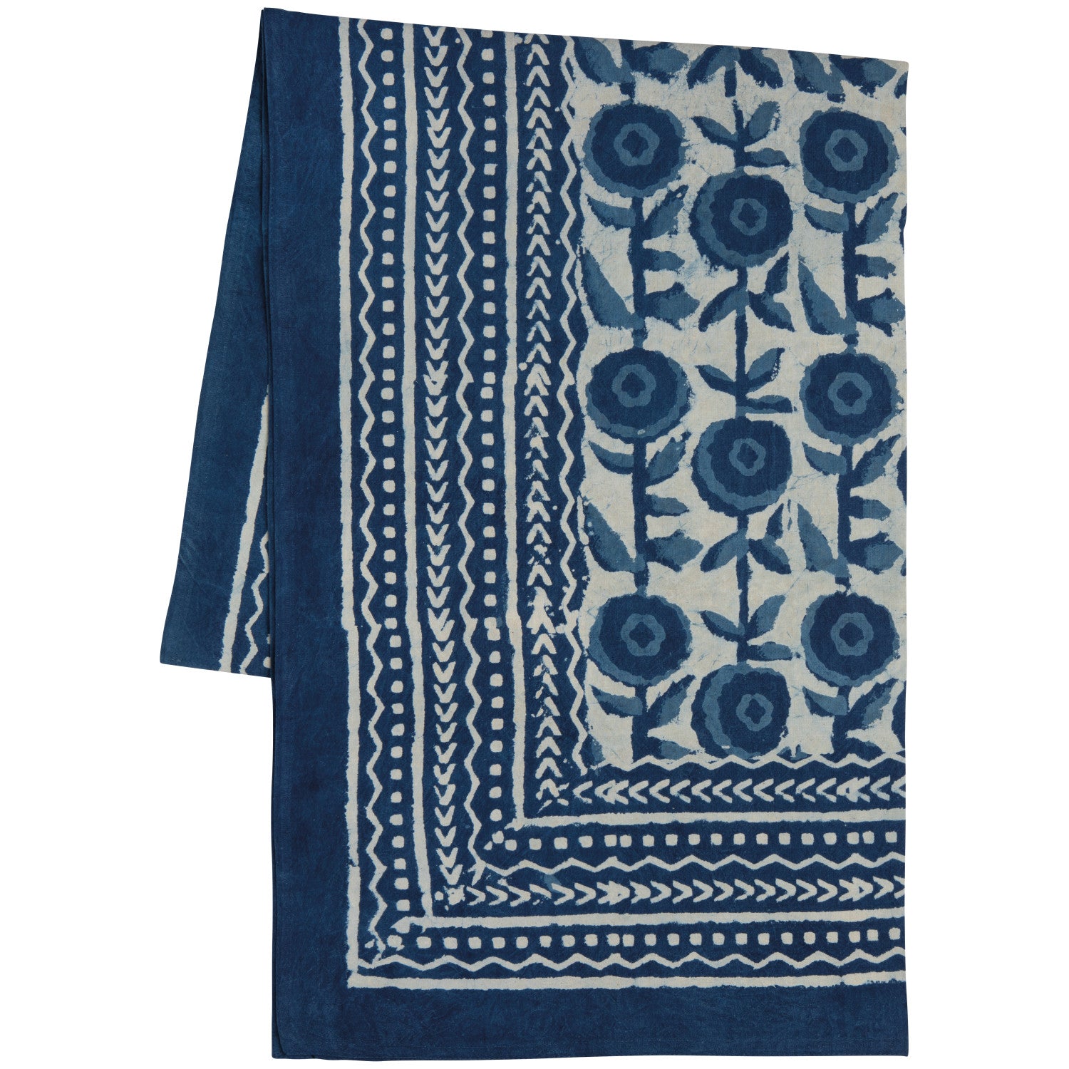 Blue and white patterned fabric with floral design on a white background