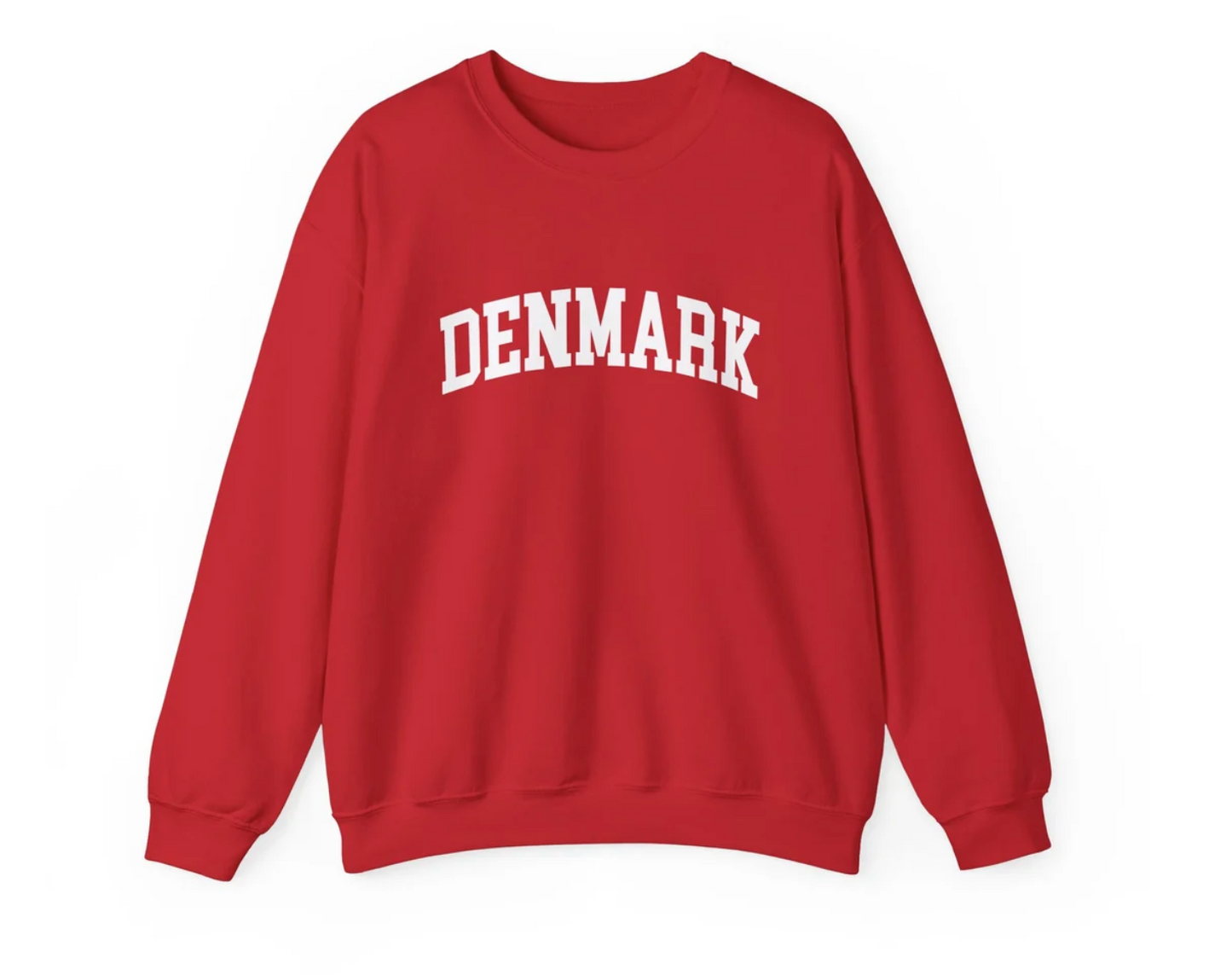 A bright red crewneck sweatshirt with the word 'DEMARK' printed in white arched block letters across the chest, displayed on a clean white background.