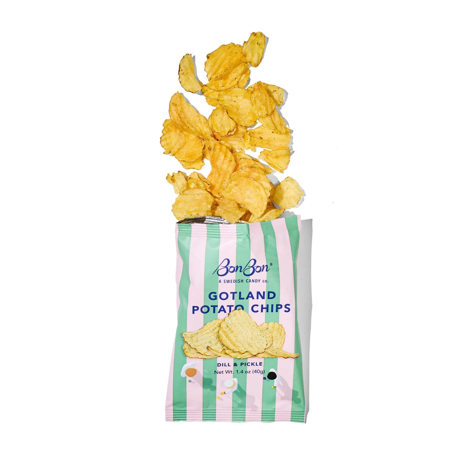 Bag of Gotland Potato Chips with striped packaging on a white background
