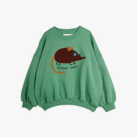 A green crewneck sweatshirt featuring a graphic of a brown elephant-shaped mouse with a blue eye and a curved orange tail, with the text 'ELEPHANT MOUSE' printed below.