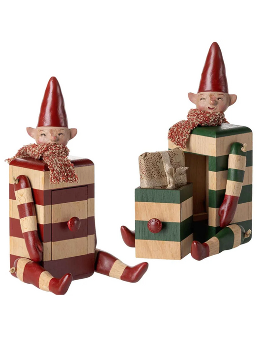 A Maileg Collectible and Danish decor piece that exudes retro Christmas. This beautiful decoration item is a true classic that has been redefined with new details that gives the product a unique expression. Open the small drawer and hide small gifts or treats. Each figure is packed in a beautiful gift box.