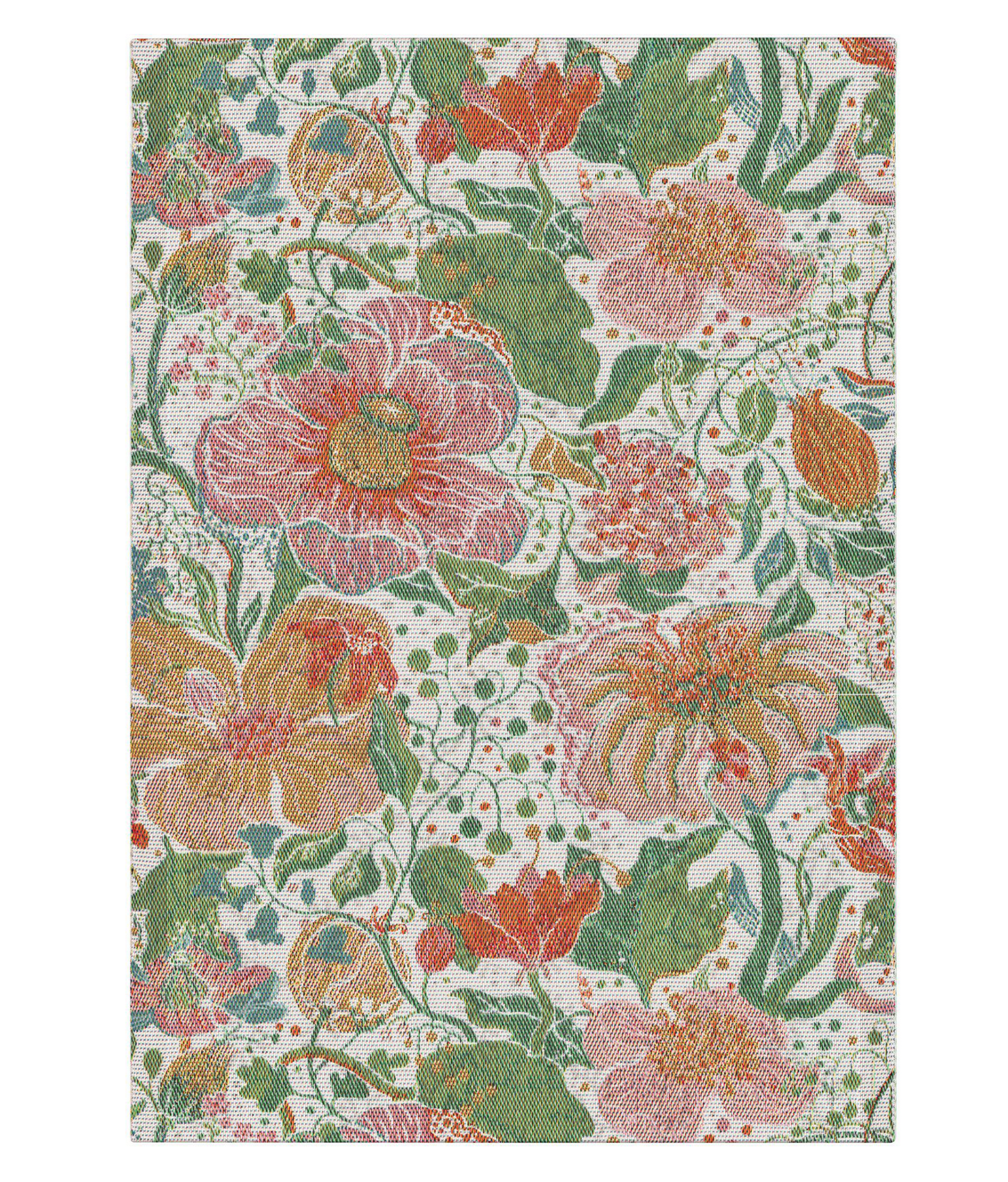 Floral patterned fabric with pink, green, and orange flowers on a white background
