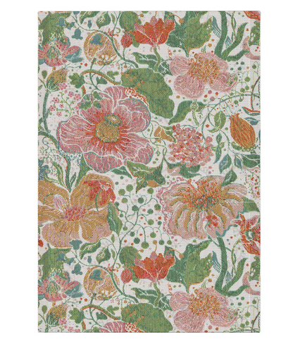 Floral patterned fabric with pink, green, and orange flowers on a white background