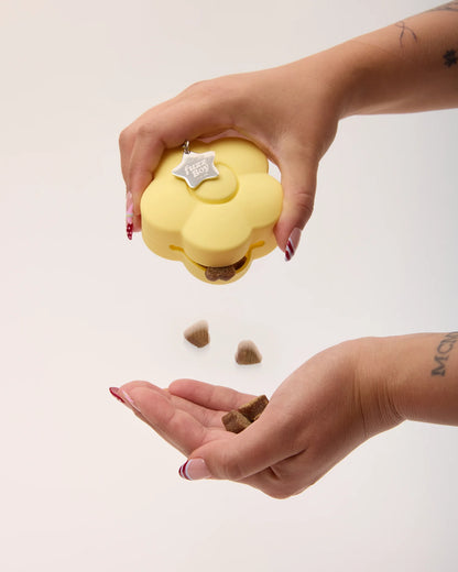 Hand holding a yellow flower-shaped pet treat container with small treats spilling out on a light background
