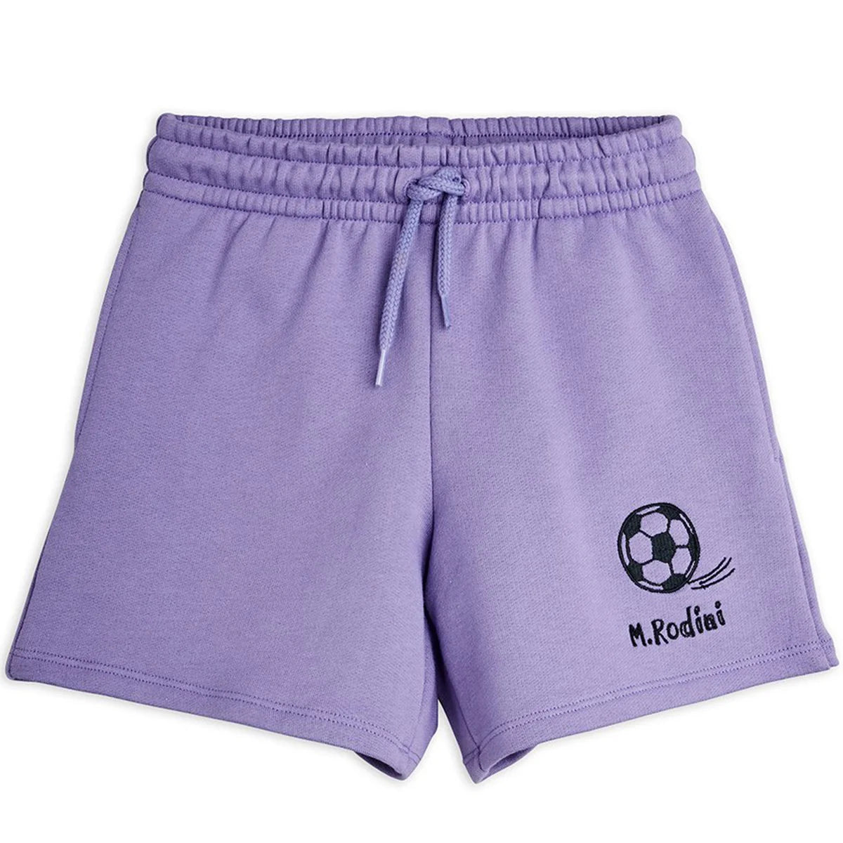 Purple shorts with a logo and text on a white background