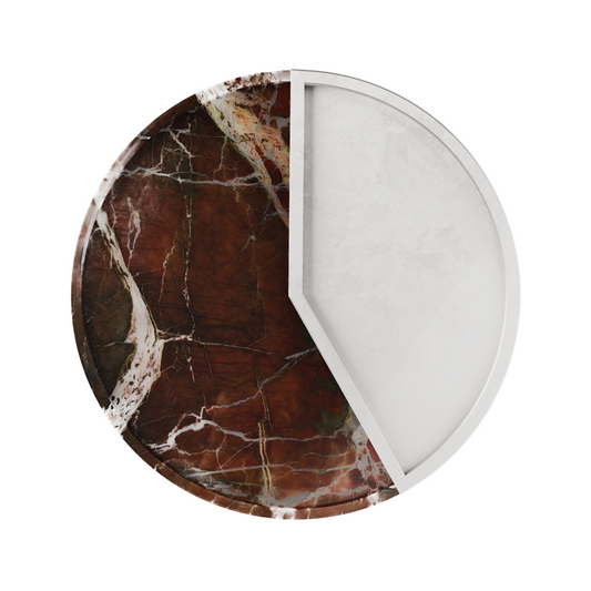 A moment captured in design. The 5 O’CLOCK tray pairs a high quality round marble base with a lacquered aluminum inlay, marking 5pm. A refined companion for drinks, small bites, or whatever your after-hours ritual may be. Looks stunning on a kitchen counter with groupings of fruit or food of any kind. It creates a distinctive frame that looks elegant and truly styled. Red Marble 