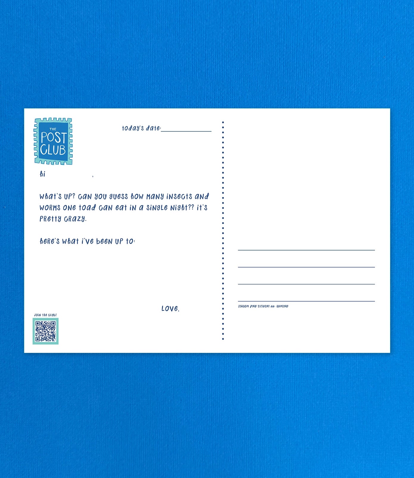 A white postcard with printed text and a blue 'POST CLUB' logo stamp box, placed on a bright blue textured background.