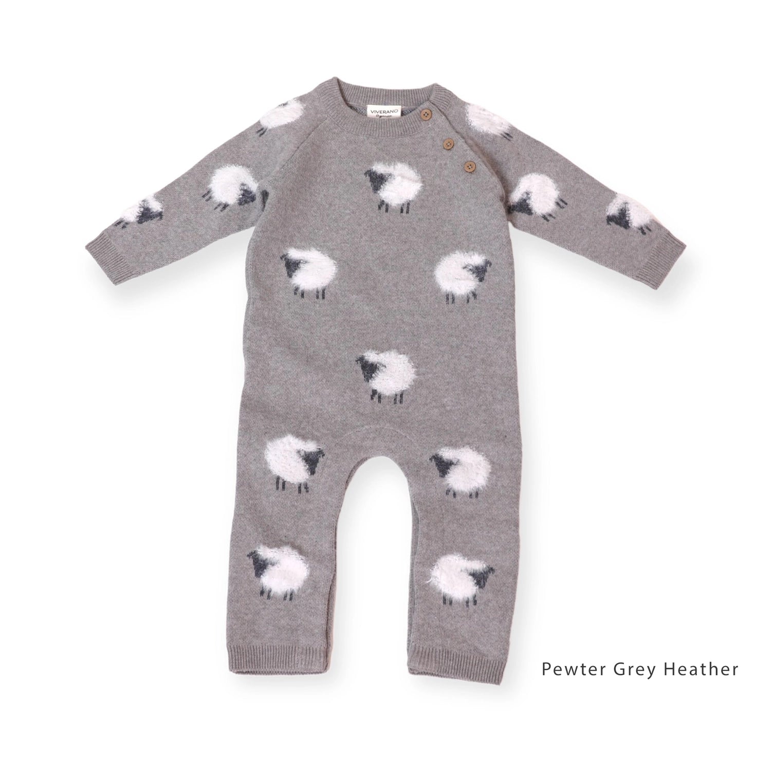 Cozy and whimsical, this baby sweater knit jumpsuit features fuzzy 3D jacquard sheep motifs scattered throughout a soft grey knit. Made from breathable organic cotton, it’s finished with long sleeves and three shoulder buttons for easy dressing and all-day comfort.

100% organic cotton baby sweater with applique, embroidery & jacquard design.