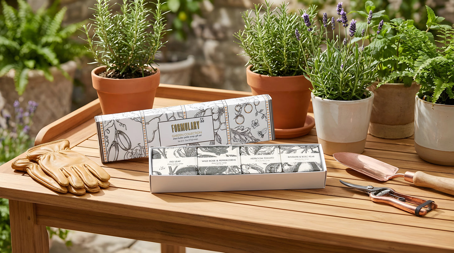 A quartet of garden fragrances in our 2oz petite soaps that capture the essence of gardening - vine, leaf, fruit, and bloom. 