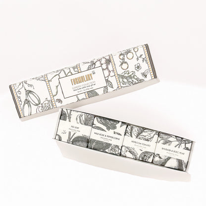 A quartet of garden fragrances in our 2oz petite soaps that capture the essence of gardening - vine, leaf, fruit, and bloom. 