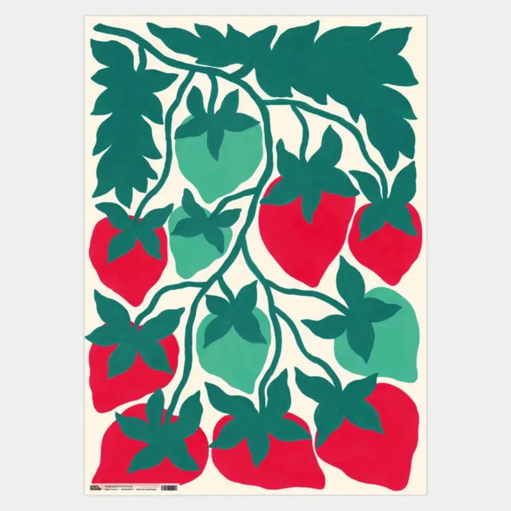 Decorative poster with red strawberries and green leaves on a beige background