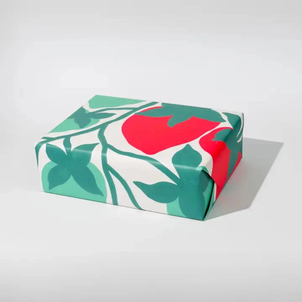 Rectangular box with red strawberry and green leaf pattern on a white background