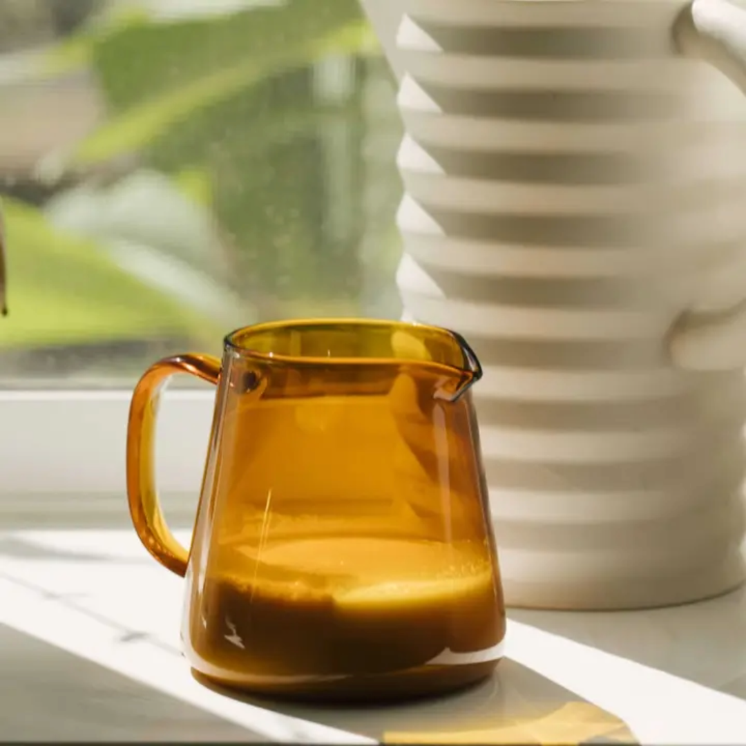 Glass Milk Frothing and Pouring Pitcher, Latte Art, Barista, Scandinavian Living, Amber