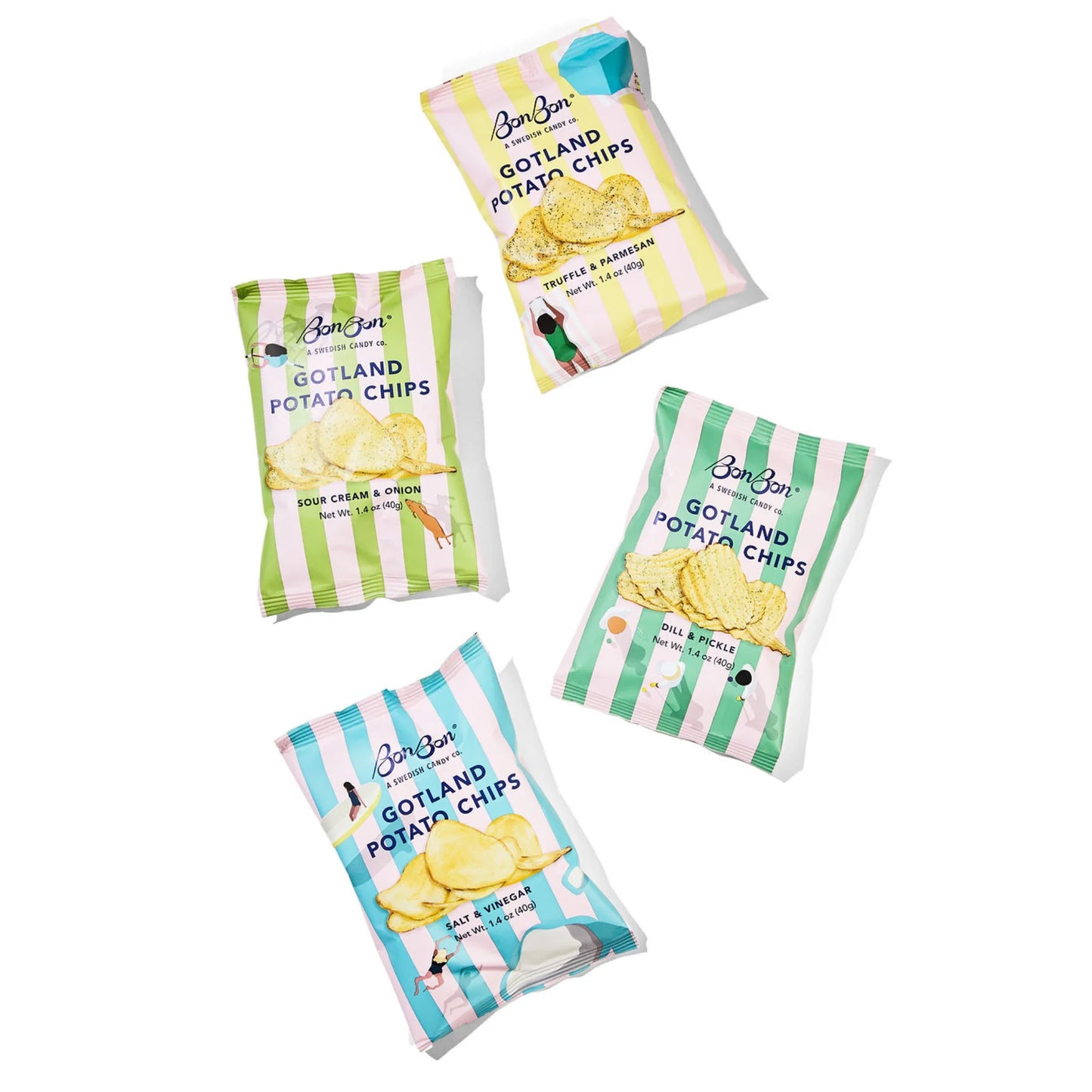 Four packages of Bon Boon Gotland Potato Chips on a white background