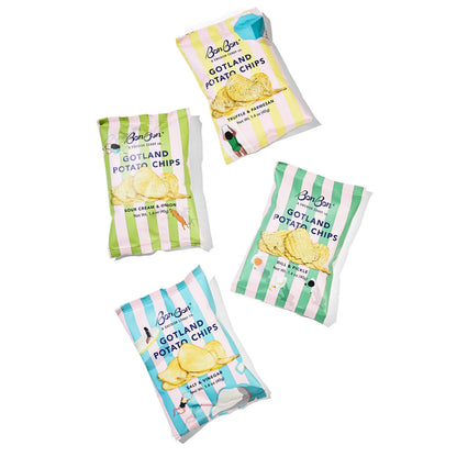 Four packages of Bon Boon Gotland Potato Chips on a white background