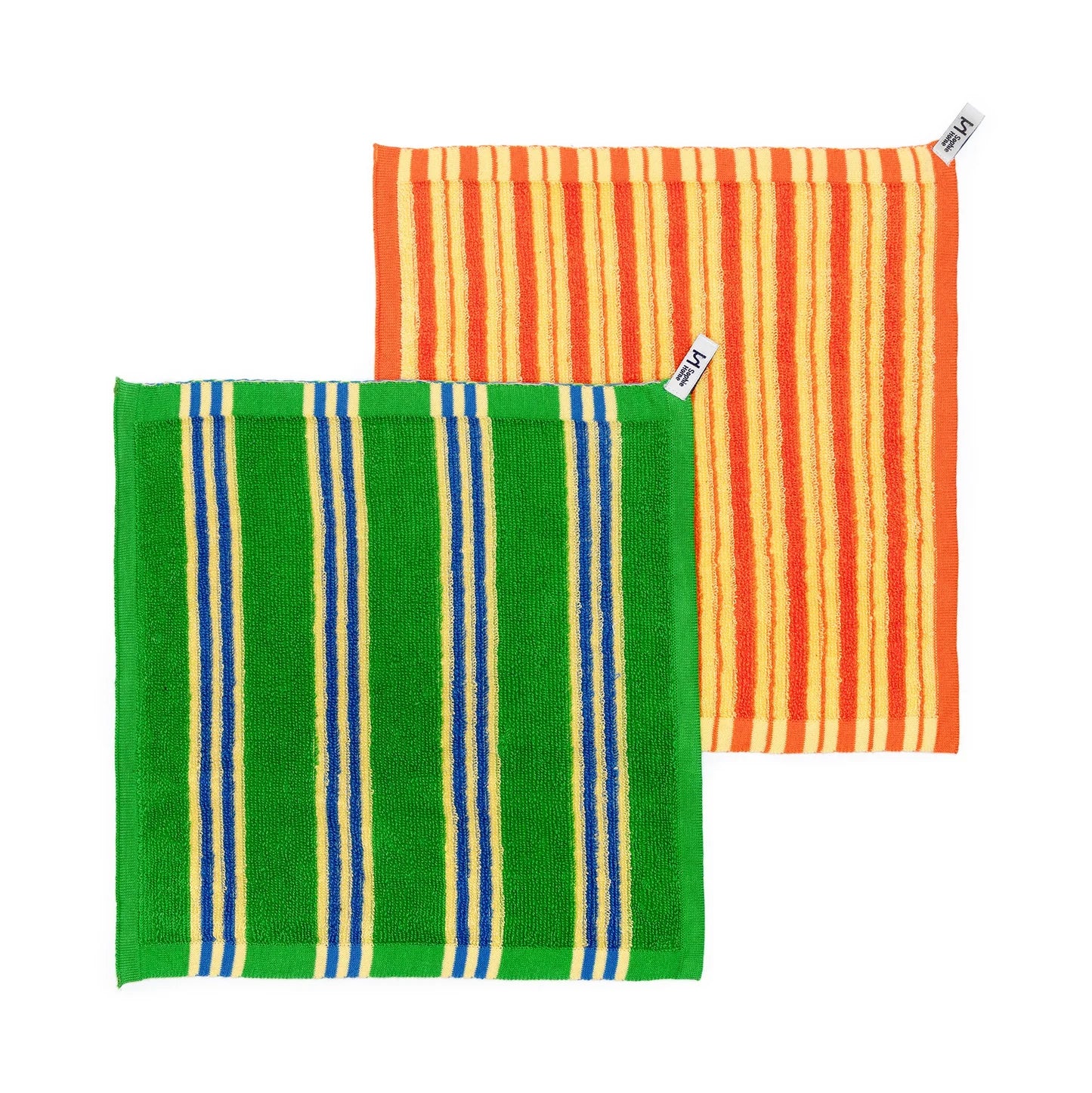 Two striped towels, one green with blue and yellow stripes, the other orange with yellow stripes, on a white background.