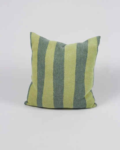Green and gray striped pillow on a white background