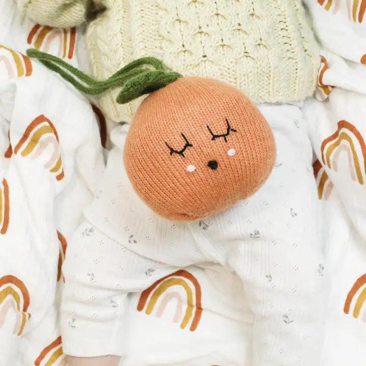 Hanging Clementine Rattle Toy, Lambswool, Ethically sourced, Baby, newborn room decor, orange