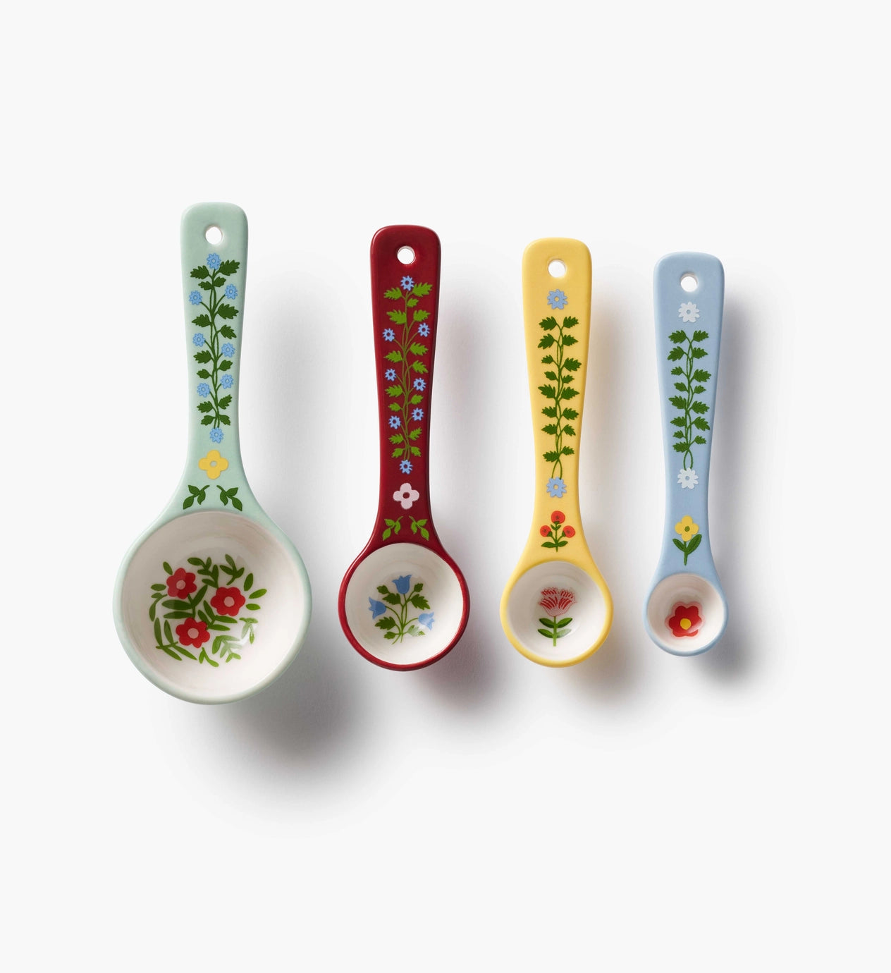 Make your home sweet home with a charming Scandinavian folksy kitchen essential, this set of four porcelain measuring spoons features 1 Tbsp, 1 tsp, 1/2 tsp, and 1/4 tsp measurements, with unique floral painted illustrations on each spoon.&nbsp;