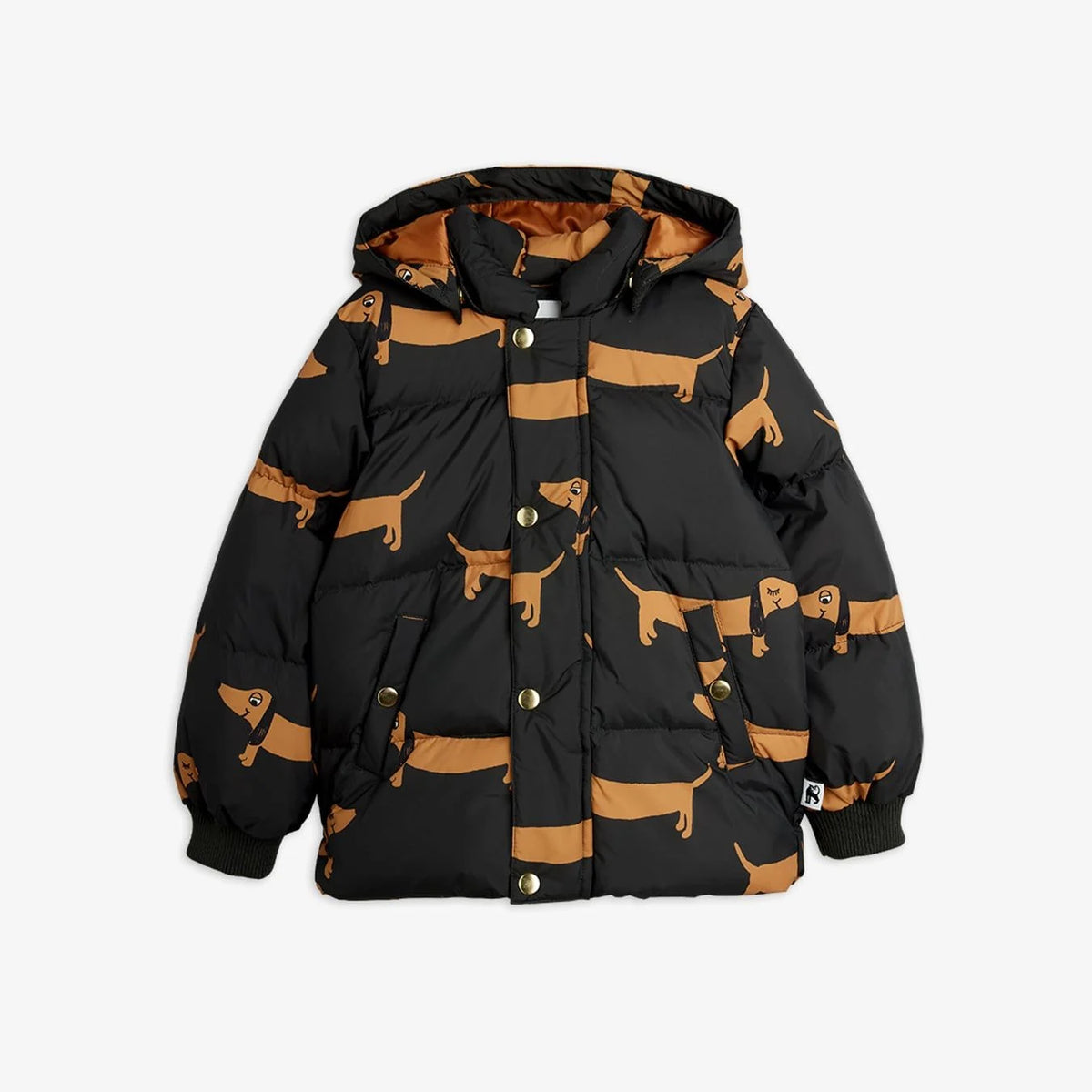 Hooded Children's puffer jacket with dogs on white background