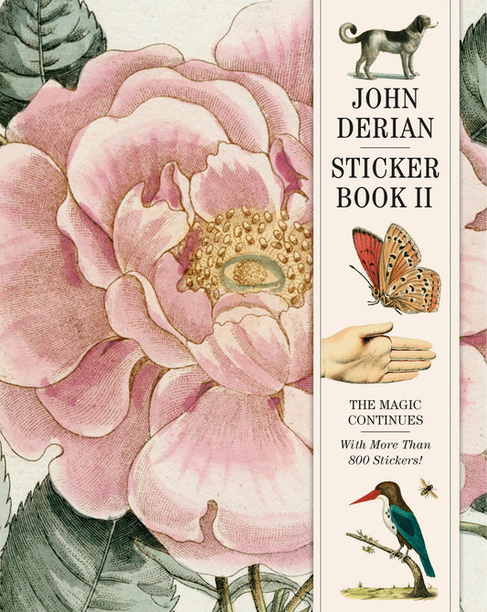 John Derian Sticker Book II with floral and nature-themed illustrations on a white background.