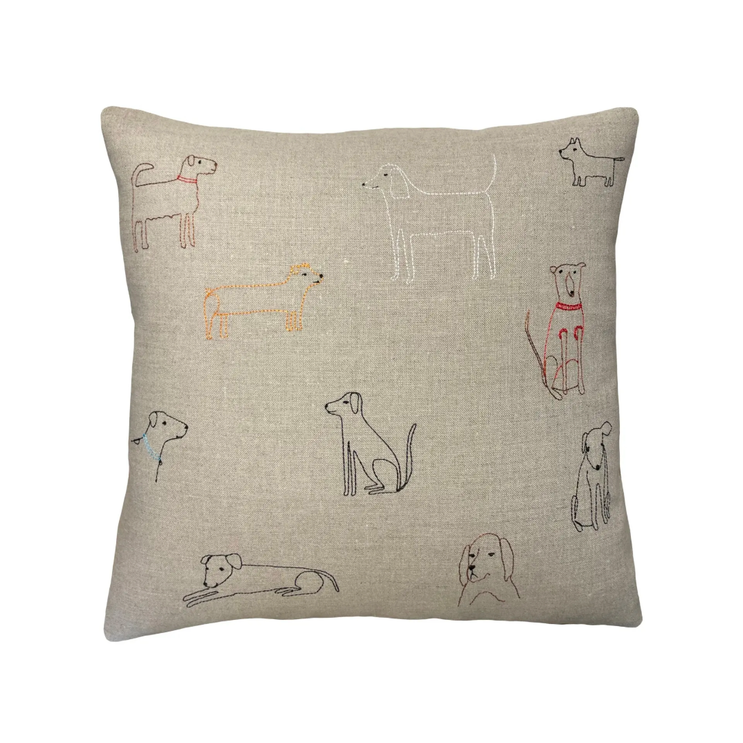 Dogs Pillow, Throw, Playful, Embroidered