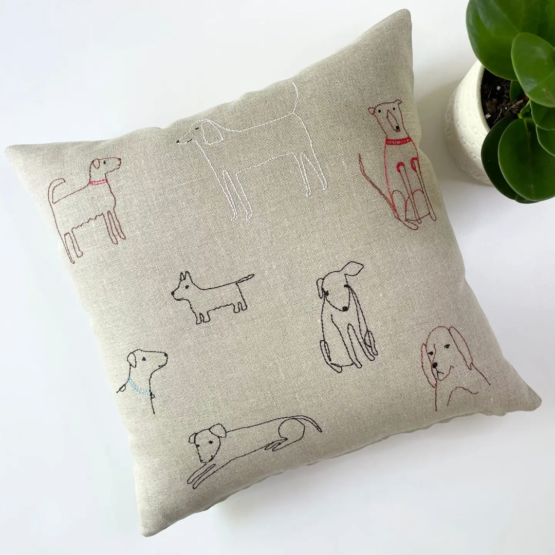 Dogs Pillow, Throw, Playful, Embroidered