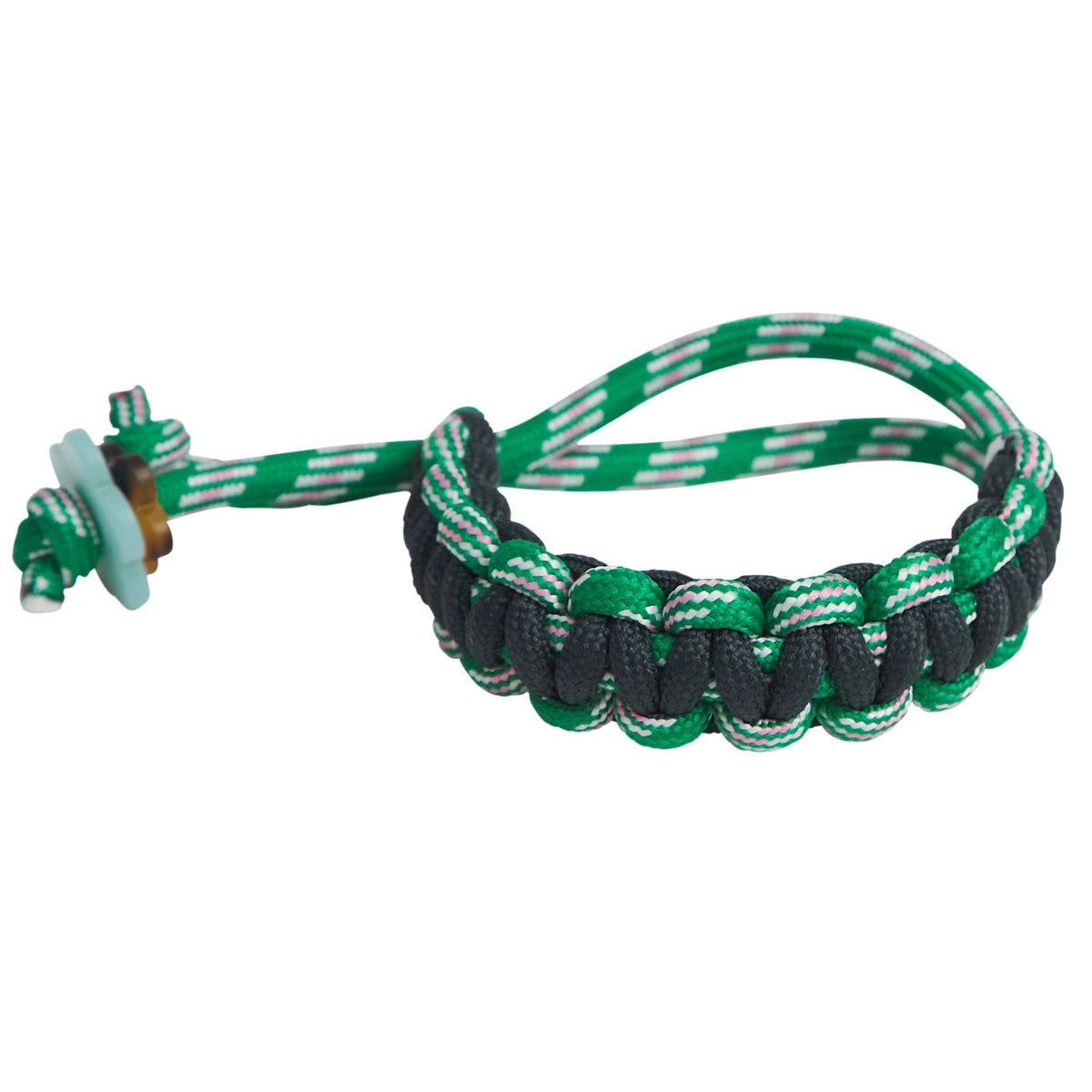 A green and black paracord bracelet with a white stripe pattern, featuring a sliding knot closure with a light blue bead and a small wooden spacer.