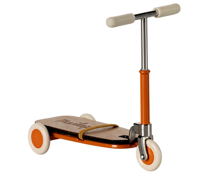 Children's scooter with wooden deck and orange accents on a white background