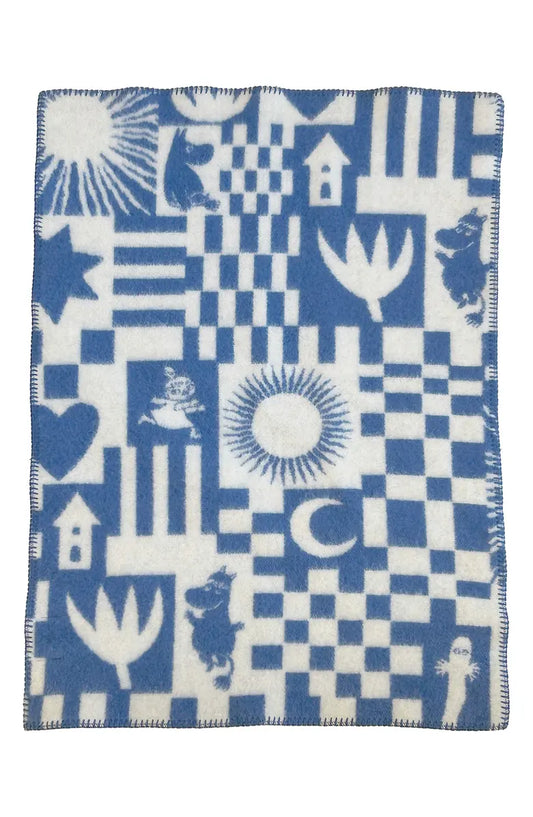 Blue and white patterned blanket with geometric shapes and moomin characters on a white background