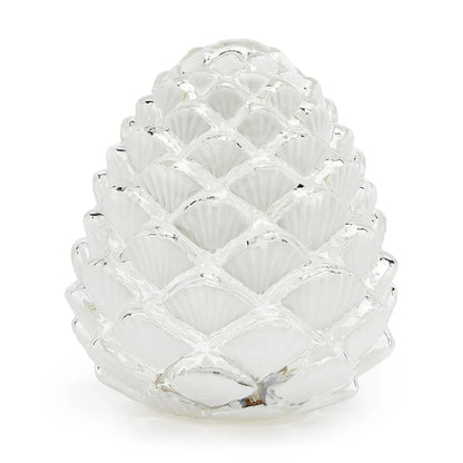 Decorative frosted glass pinecone light that uses batteries and lights up for a beautiful cozy ambiance in any space. Perfect for the holiday season and placing on a tablescape or on a mantel. 