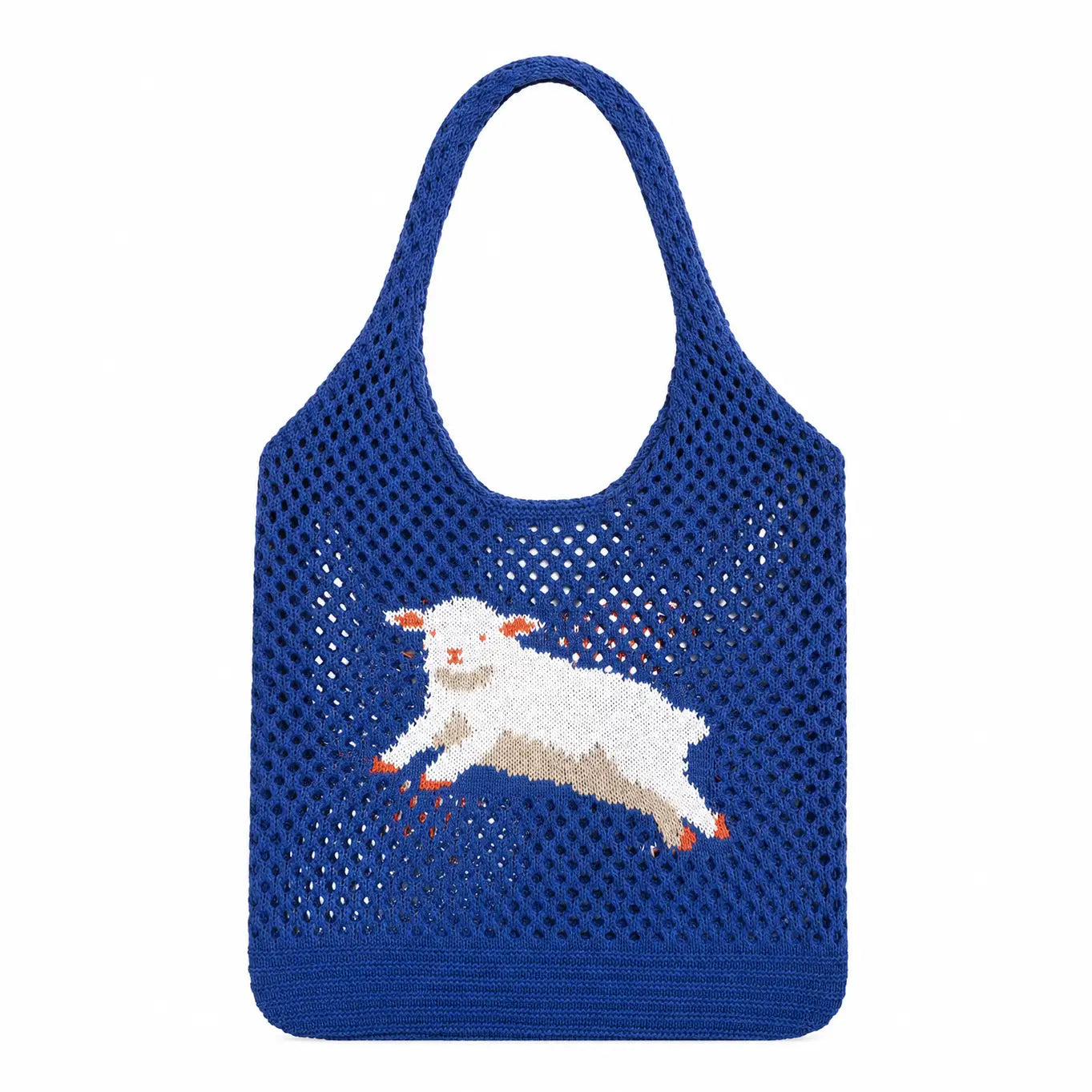 A blue crochet mesh tote bag featuring a white, beige, and orange embroidered lamb design in the center, shown against a plain white background.