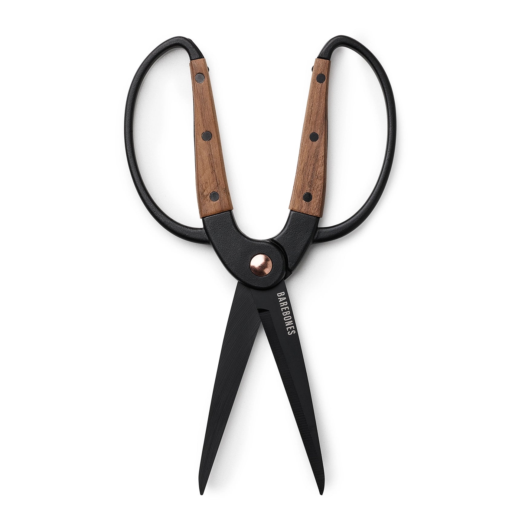 Black shears with wooden handles on a white background