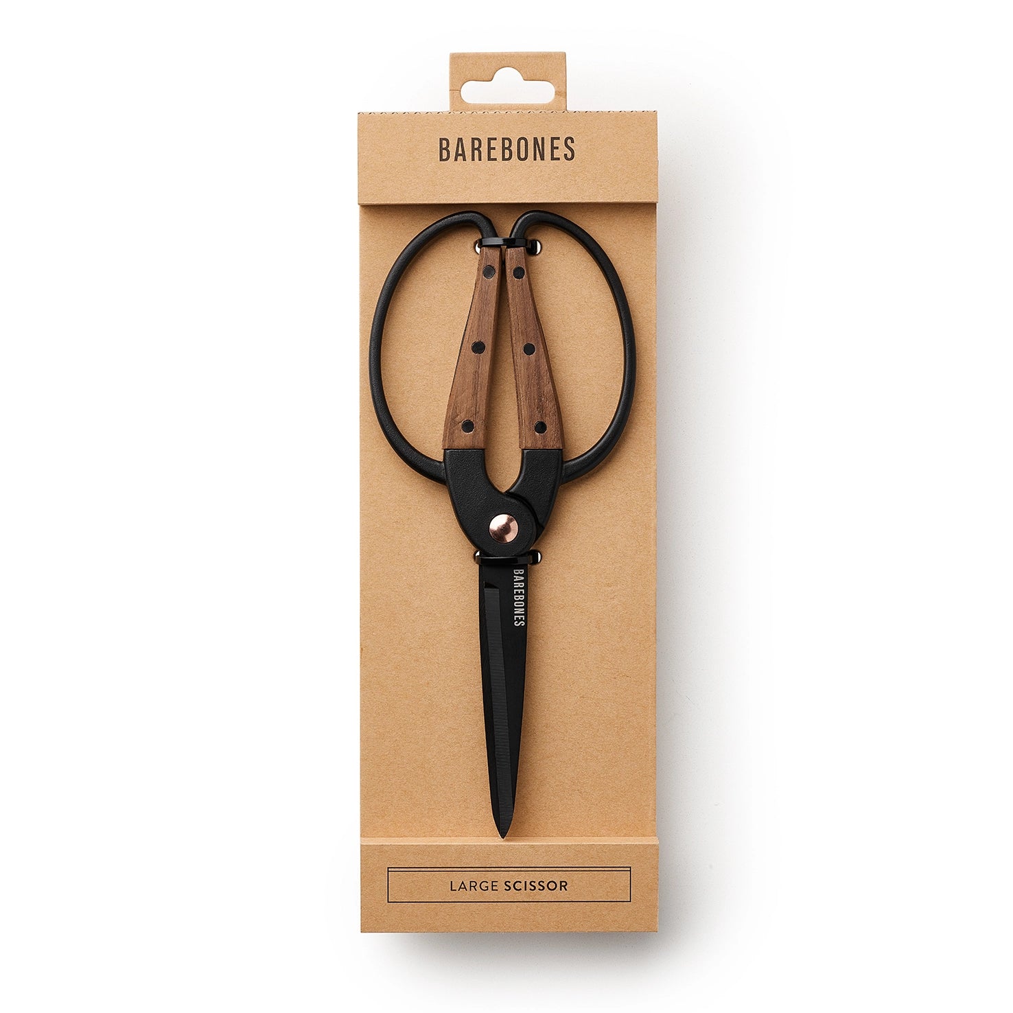Large scissors with wooden handles in Barebones packaging on a white background