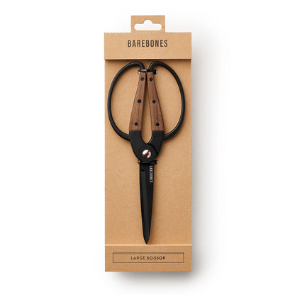 Large scissors with wooden handles in Barebones packaging on a white background