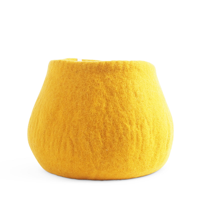Yellow felted plant pot on a white background