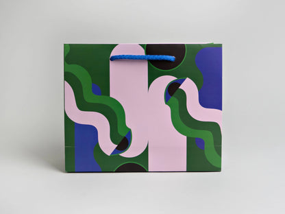 Colorful abstract design on a rectangular box with a white background