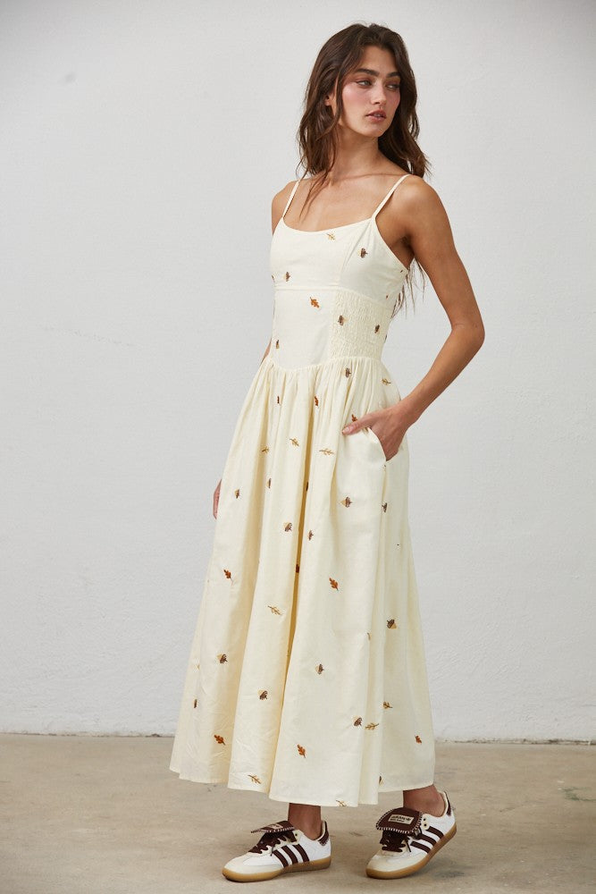 Embroidered Leaves Midi Dress
