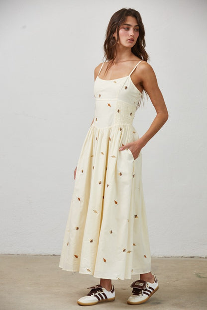 Embroidered Leaves Midi Dress