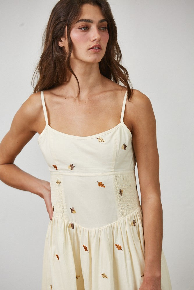 Embroidered Leaves Midi Dress