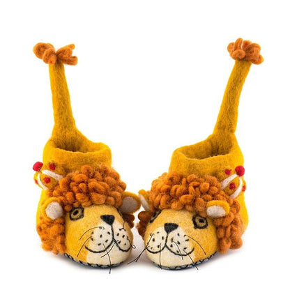 Pair of lion-shaped slippers with long hair and raised paws on a white background