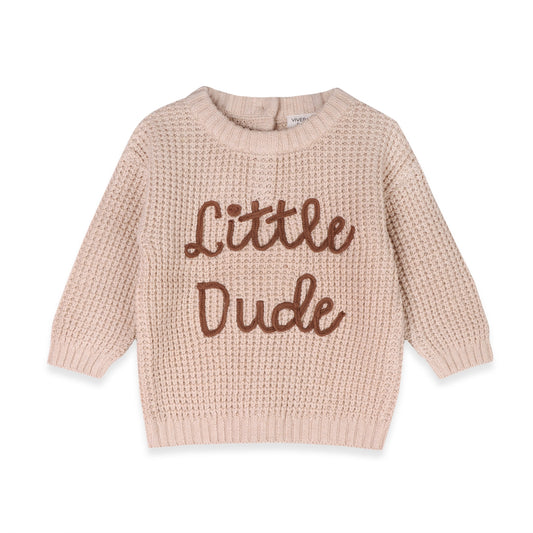 baby pullover is crafted in a cozy thermal waffle knit and finished with “Little Dude” embroidered in a raised, handwritten-style font