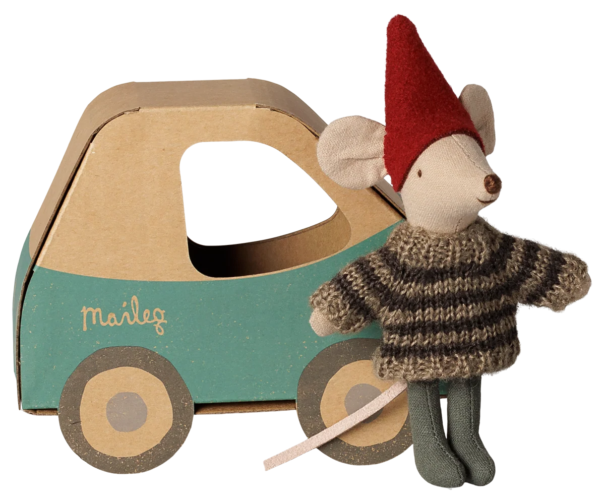 Little Mouse Stuffed Animal in Red Hat and Striped Sweater standing in front of Green Car